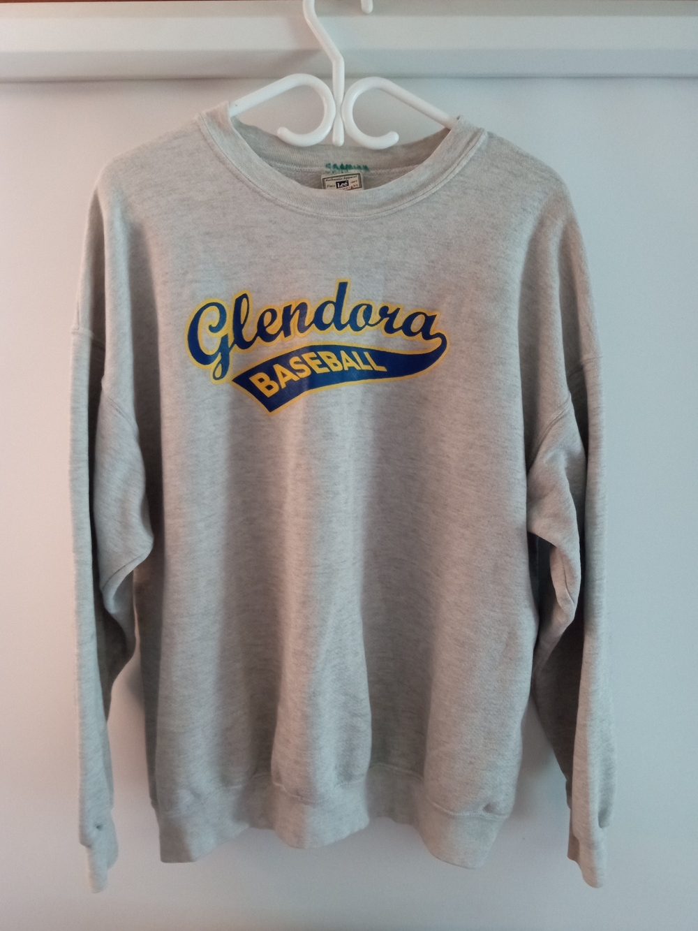 Lee Light Gray Crewneck with Blue and Yellow Glendora Baseball Logo